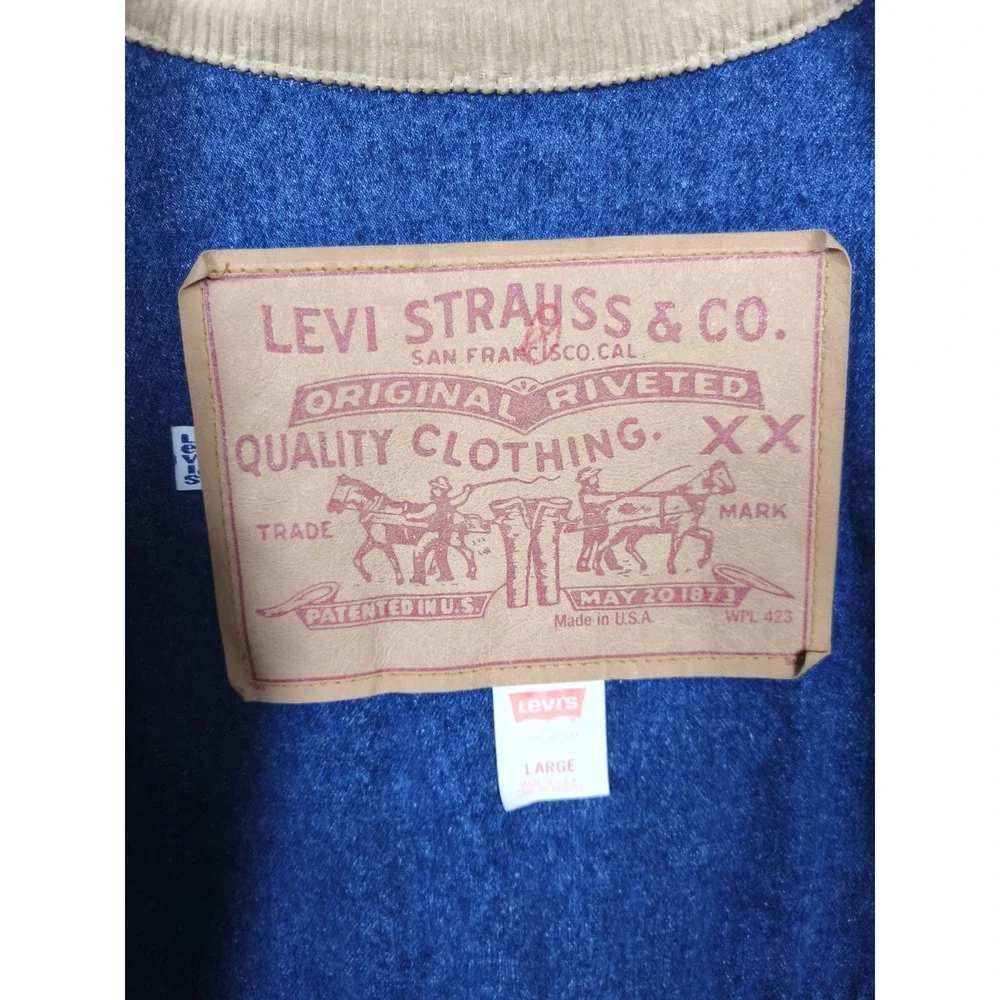 Vintage Levis Denim Duster‎ Coat Mens Large Blue Corduroy Collar USA 75070